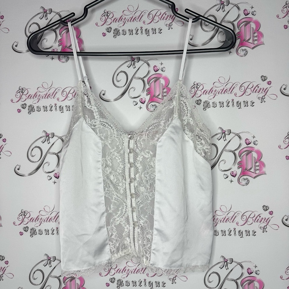 La vie en rose tank top camisole buttons shiny shimmer Lace Trim White Cami Top